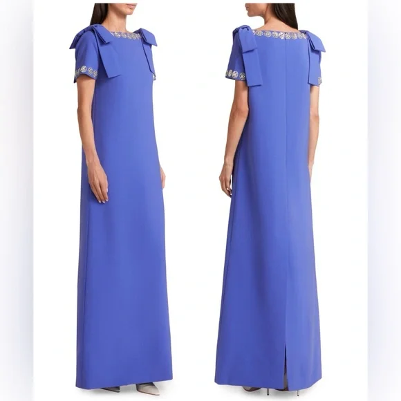 CAROLINA HERRERA Crystal-Trim Boatneck Column Gown With Shoulder Bows Maxi Dress - Picture 10 of 15